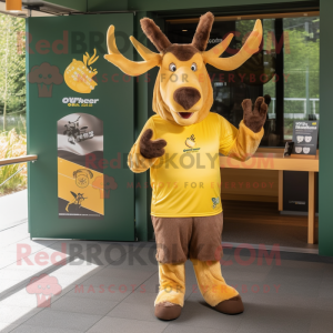 Yellow Irish Elk mascot costume character dressed with a T-Shirt and Earrings