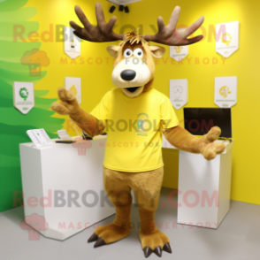 Yellow Irish Elk mascot costume character dressed with a T-Shirt and Earrings