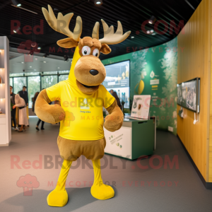 Yellow Irish Elk mascot costume character dressed with a T-Shirt and Earrings