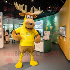 Yellow Irish Elk mascot costume character dressed with a T-Shirt and Earrings