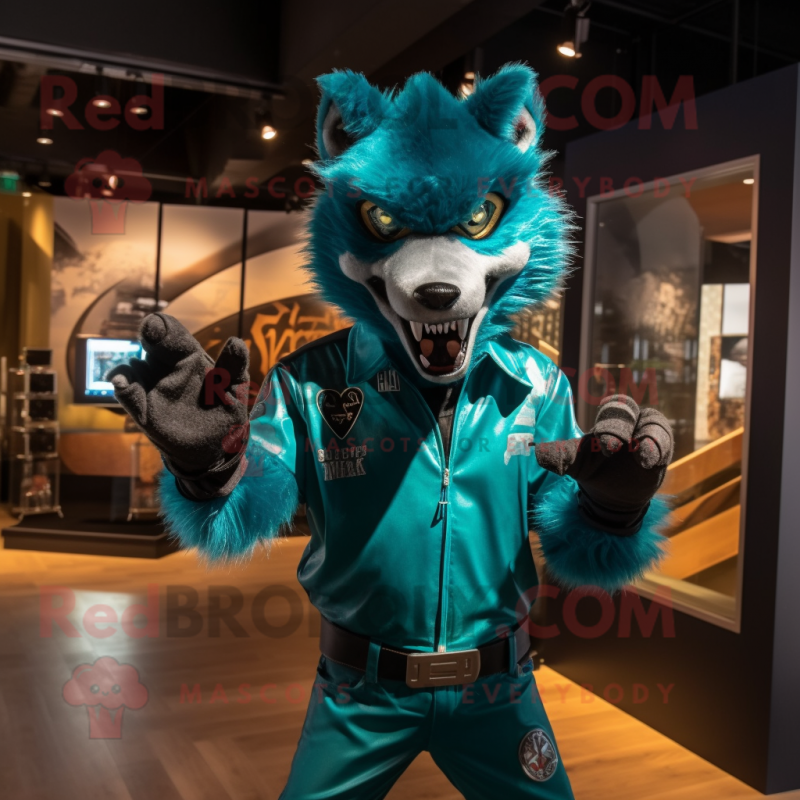 Teal Werewolf mascot costume character dressed with a Moto Jacket and Bow ties Teal Werewolf mascot costume character dressed with a Moto Jacket and Bow ties