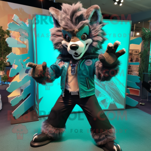 Teal Werewolf mascot costume character dressed with a Moto Jacket and Bow ties