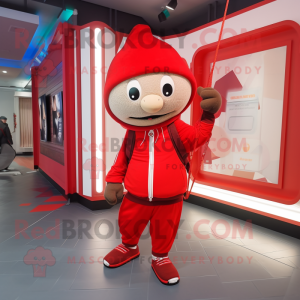 Red Tightrope Walker mascot costume character dressed with a Hoodie and Handbags