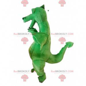 Mascotte de dragon vert super souriant. Costume de dragon -