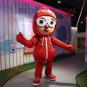 Red Tightrope Walker mascot costume character dressed with a Hoodie and Handbags