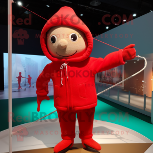 Red Tightrope Walker mascot costume character dressed with a Hoodie and Handbags