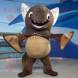 Brown Manta Ray mascot costume character dressed with a Jeggings and Mittens