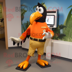 Orange Toucan mascot costume character dressed with a Mom Jeans and Cufflinks