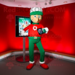 Red Irish Flag mascot costume character dressed with a Jeggings and Digital watches
