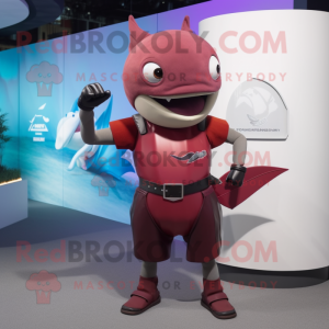 Maroon Swordfish mascot costume character dressed with a Tank Top and Smartwatches