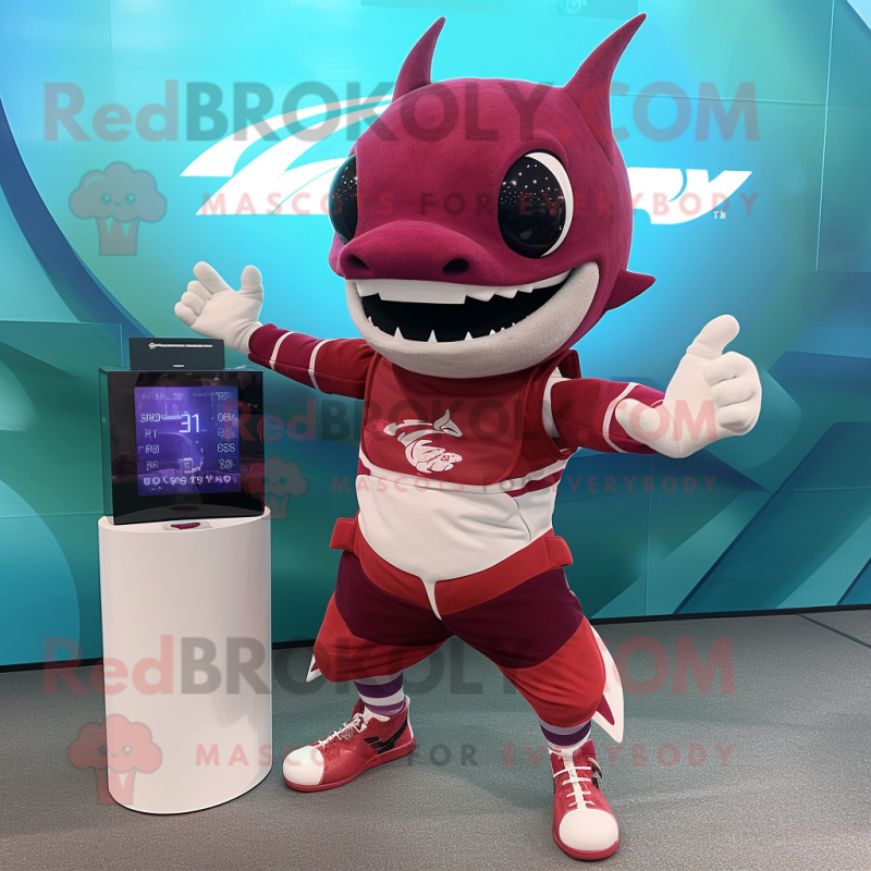 Maroon Swordfish mascot costume character dressed with a Tank Top and Smartwatches