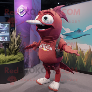 Maroon Swordfish mascot costume character dressed with a Tank Top and Smartwatches