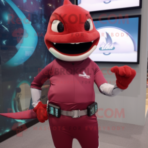 Maroon Swordfish mascot costume character dressed with a Tank Top and Smartwatches