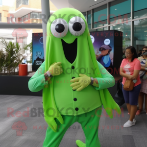 Lime Green Squid mascot costume character dressed with a Button-Up Shirt and Digital watches