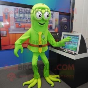 Lime Green Squid mascot costume character dressed with a Button-Up Shirt and Digital watches