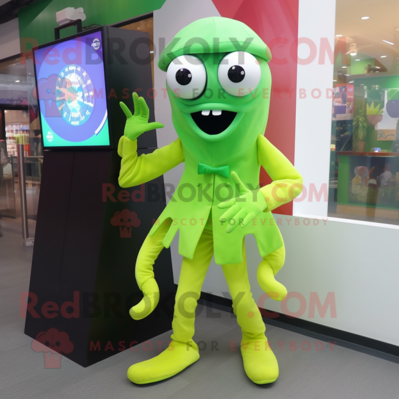 Lime Green Squid mascot costume character dressed with a Button-Up Shirt and Digital watches