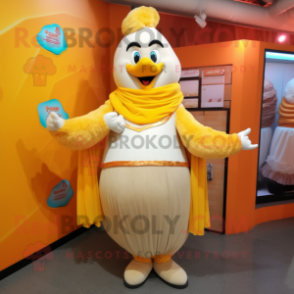 Cream Butter Chicken mascot costume character dressed with a Jeggings and Bracelets