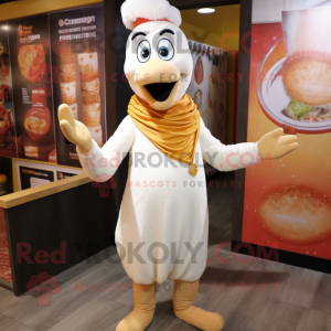 Cream Butter Chicken mascot costume character dressed with a Jeggings and Bracelets