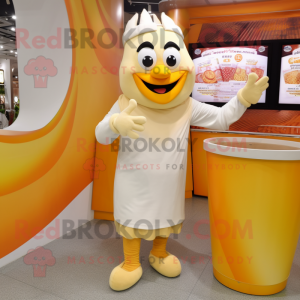 Cream Butter Chicken mascot costume character dressed with a Jeggings and Bracelets