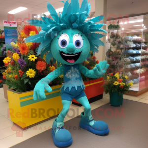 Turquoise Bouquet Of Flowers mascot costume character dressed with a Leggings and Shoe clips