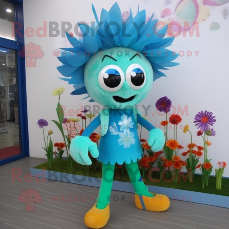 Turquoise Bouquet Of Flowers mascot costume character dressed with a Leggings and Shoe clips Turquoise Bouquet Of Flowers mascot costume character dressed with a Leggings and Shoe clips