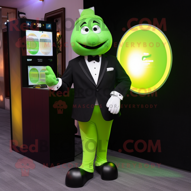 Green Lemon mascot costume character dressed with a Tuxedo and Digital watches Green Lemon mascot costume character dressed with a Tuxedo and Digital watches