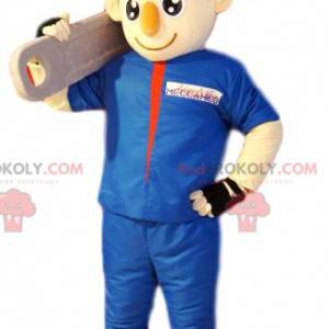 Mascote bohomme do faz-tudo com roupa de trabalho azul. -