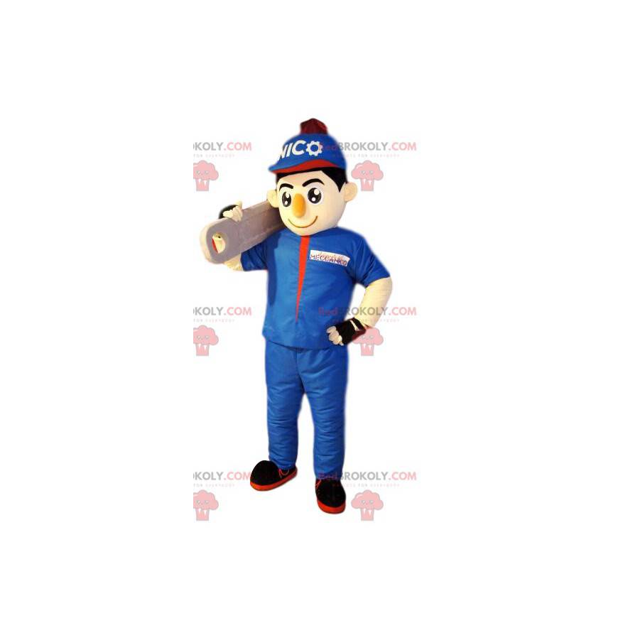 Mascota de handyman bohomme en ropa de trabajo azul. -