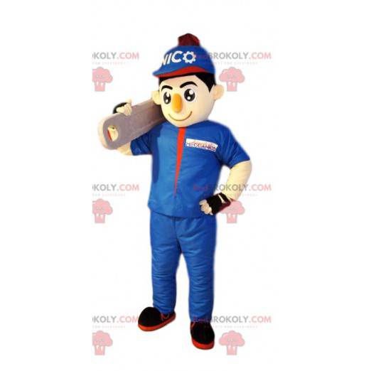 Mascotte Klusjesman Bohomme in blauwe werkkleding. -