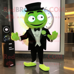 Green Lemon mascot costume character dressed with a Tuxedo and Digital watches