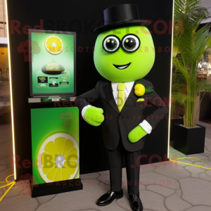 Green Lemon mascot costume character dressed with a Tuxedo and Digital watches