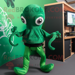 Forest Green Octopus mascot costume character dressed with a Turtleneck and Suspenders