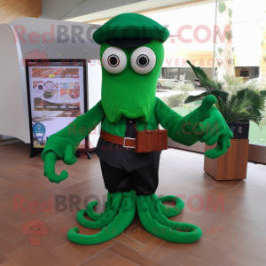 Forest Green Octopus mascot costume character dressed with a Turtleneck and Suspenders