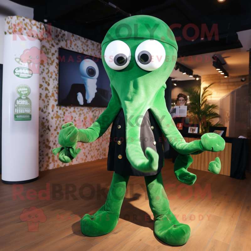 Forest Green Octopus mascot costume character dressed with a Turtleneck and Suspenders