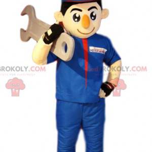 Mascota de handyman bohomme en ropa de trabajo azul. -