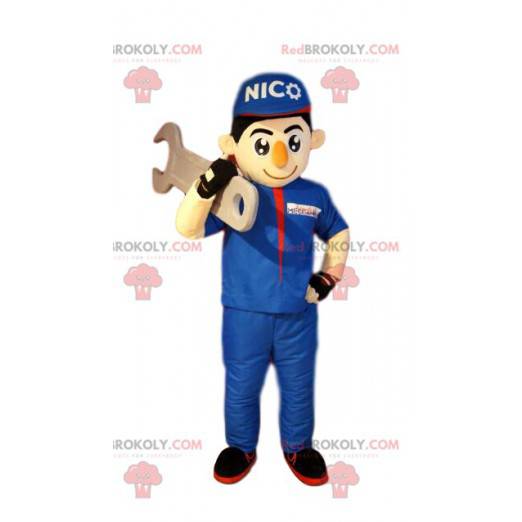 Handyman bohomme mascot in blue work clothes. - Redbrokoly.com