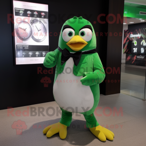 Green Penguin mascot costume character dressed with a Dress Shirt and Bracelet watches