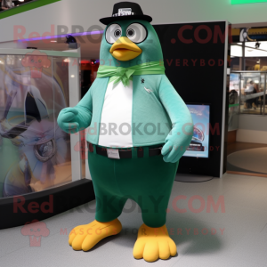 Green Penguin mascot costume character dressed with a Dress Shirt and Bracelet watches