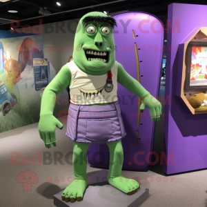 Lavender Frankenstein'S Monster mascot costume character dressed with a Board Shorts and Clutch bags