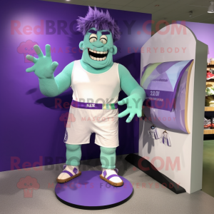 Lavender Frankenstein'S Monster mascot costume character dressed with a Board Shorts and Clutch bags