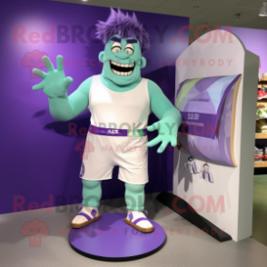 Lavender Frankenstein'S Monster mascot costume character dressed with a Board Shorts and Clutch bags