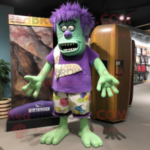 Lavender Frankenstein'S Monster mascot costume character dressed with a Board Shorts and Clutch bags