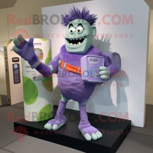 Lavender Frankenstein'S Monster mascot costume character dressed with a Board Shorts and Clutch bags