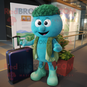 Teal Broccoli mascot costume character dressed with a Cardigan and Briefcases