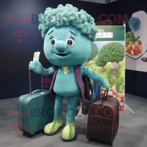 Teal Broccoli mascot costume character dressed with a Cardigan and Briefcases