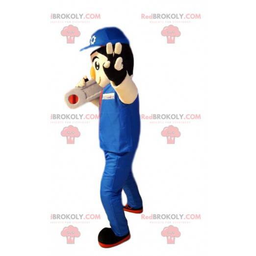 Mascote bohomme do faz-tudo com roupa de trabalho azul. -