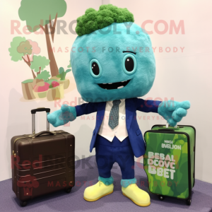 Teal Broccoli mascot costume character dressed with a Cardigan and Briefcases