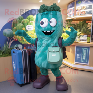 Teal Broccoli mascot costume character dressed with a Cardigan and Briefcases