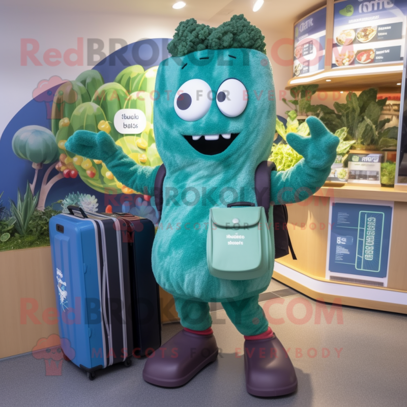 Teal Broccoli mascot costume character dressed with a Cardigan and Briefcases Teal Broccoli mascot costume character dressed with a Cardigan and Briefcases