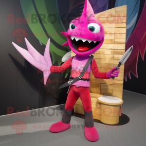 Magenta Swordfish mascot costume character dressed with a Skinny Jeans and Wallets